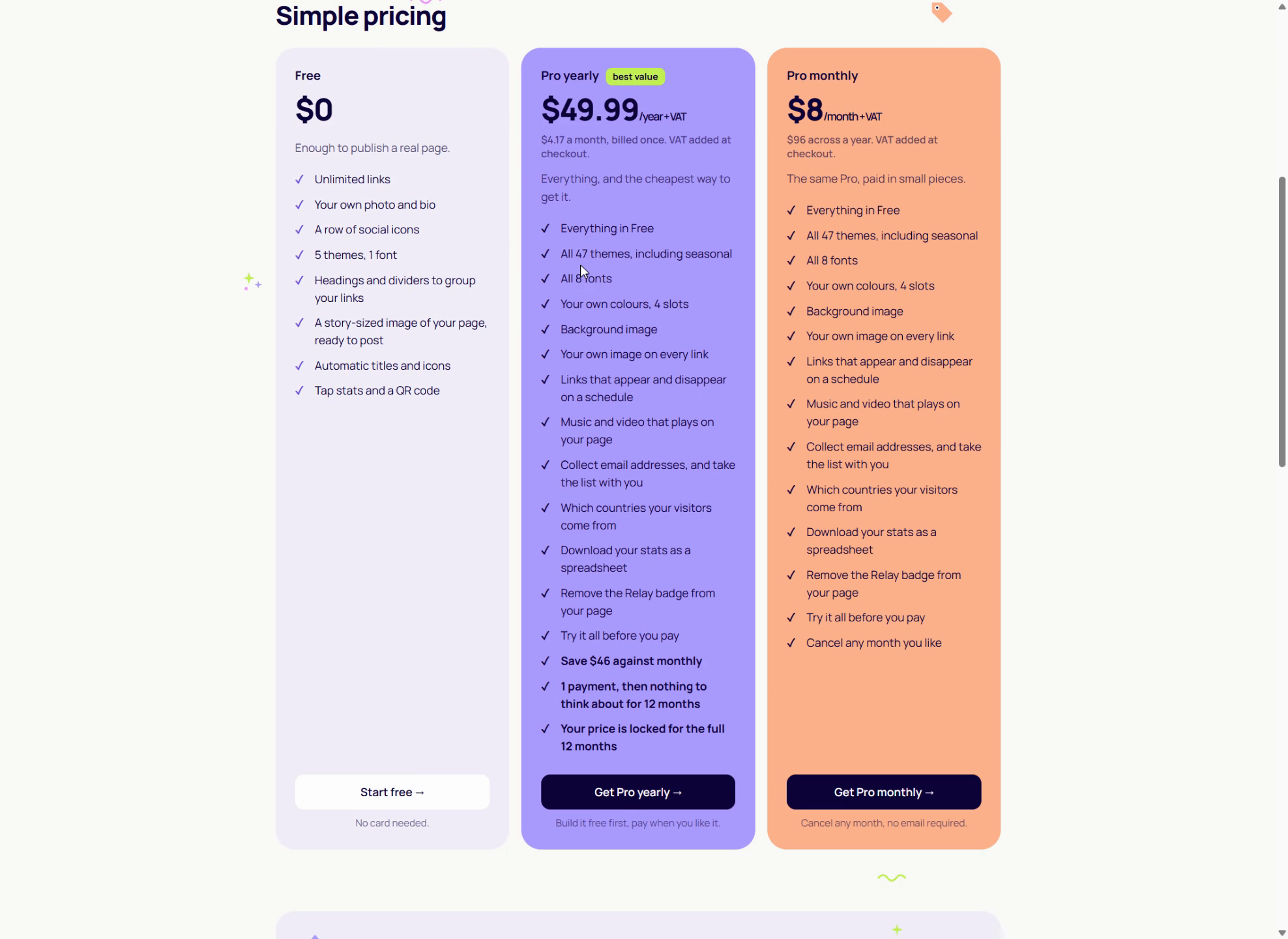 The RelayMe pricing page showing the free, monthly and yearly plans