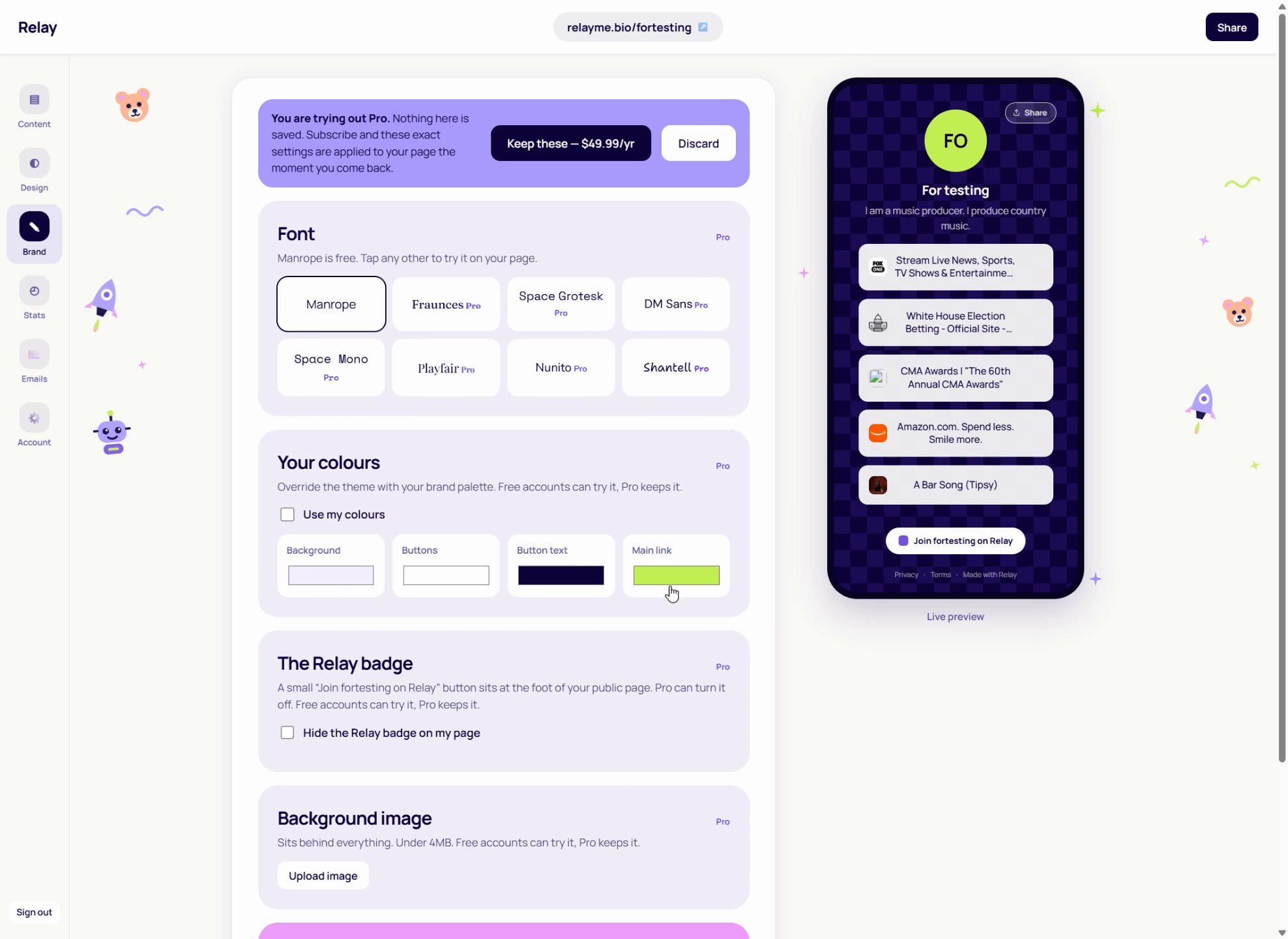 The brand colour controls
