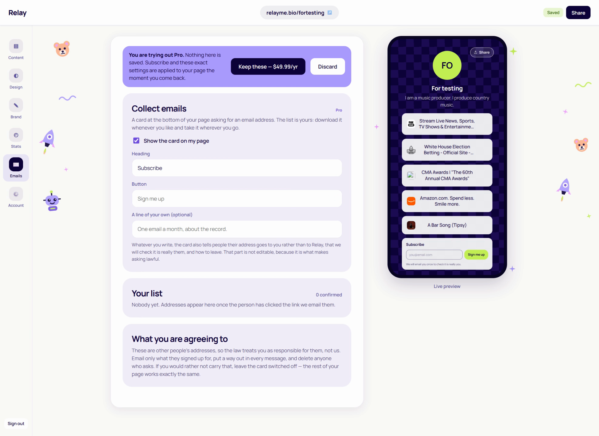 The email capture box on a RelayMe page