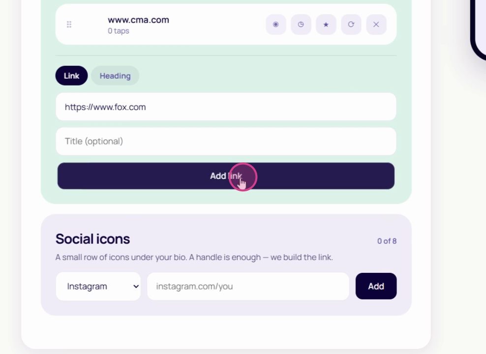 Reordering links, with the star and hide controls visible